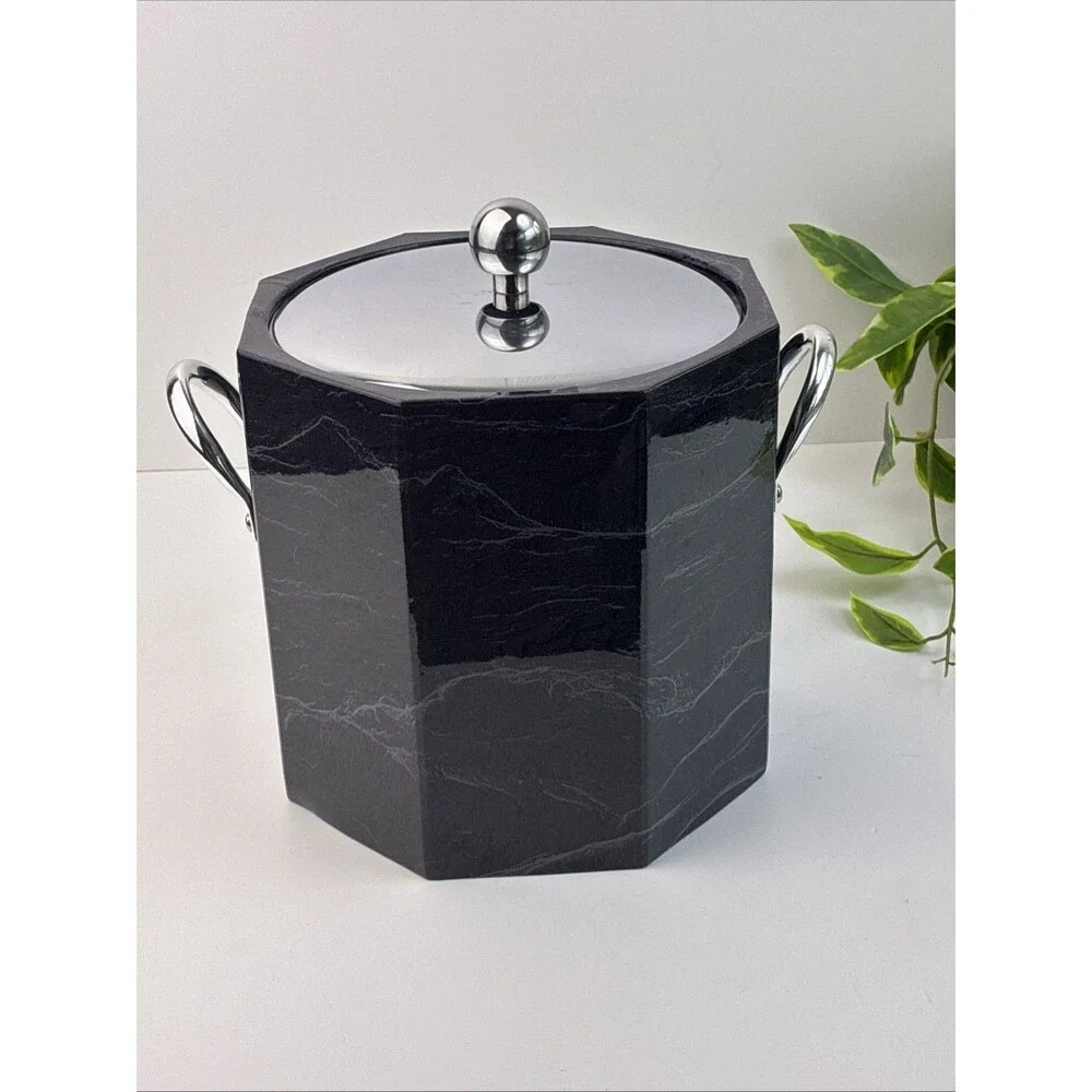 Ice Bucket Vintage 80s Elegance Kraftware Black Marble Silver Lid Handle USA